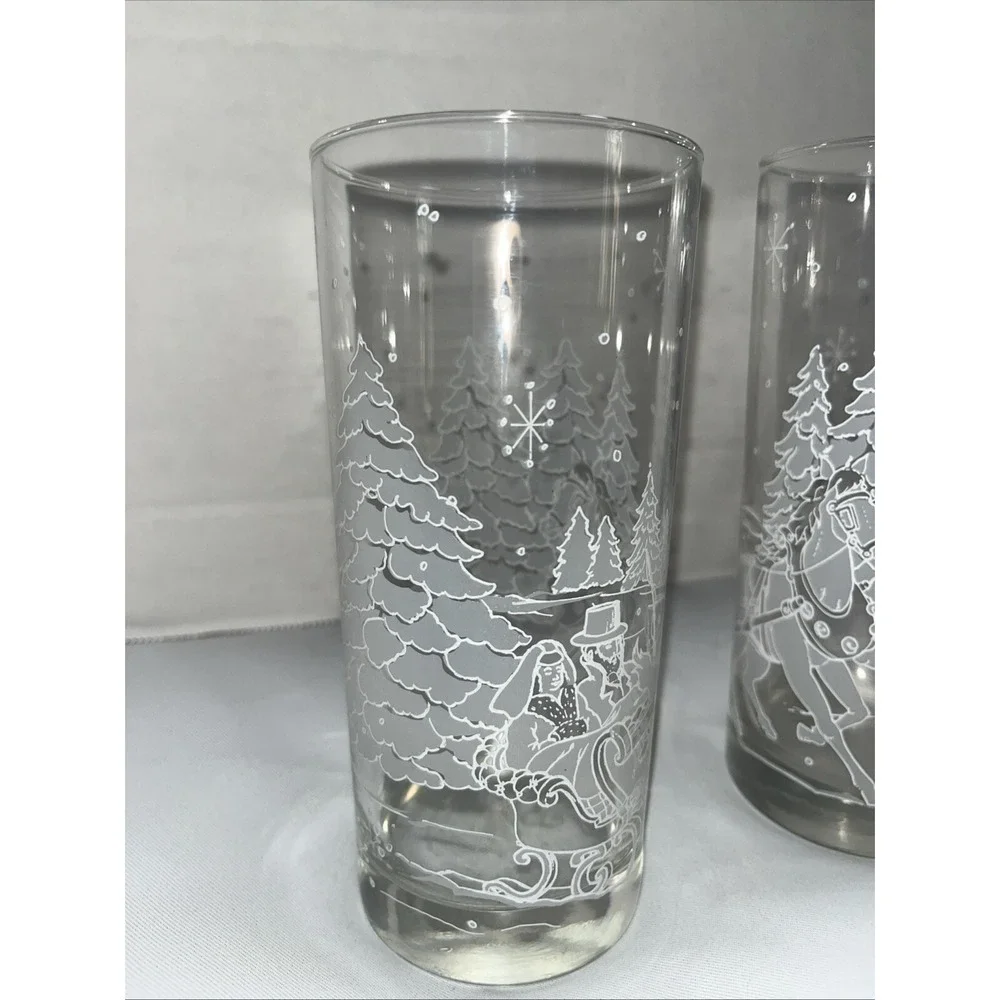 3 Libbey Glass Highball Tumbler Winter Wonder Land Scene Snow Frosted Trees Pine - Picture 2 of 5